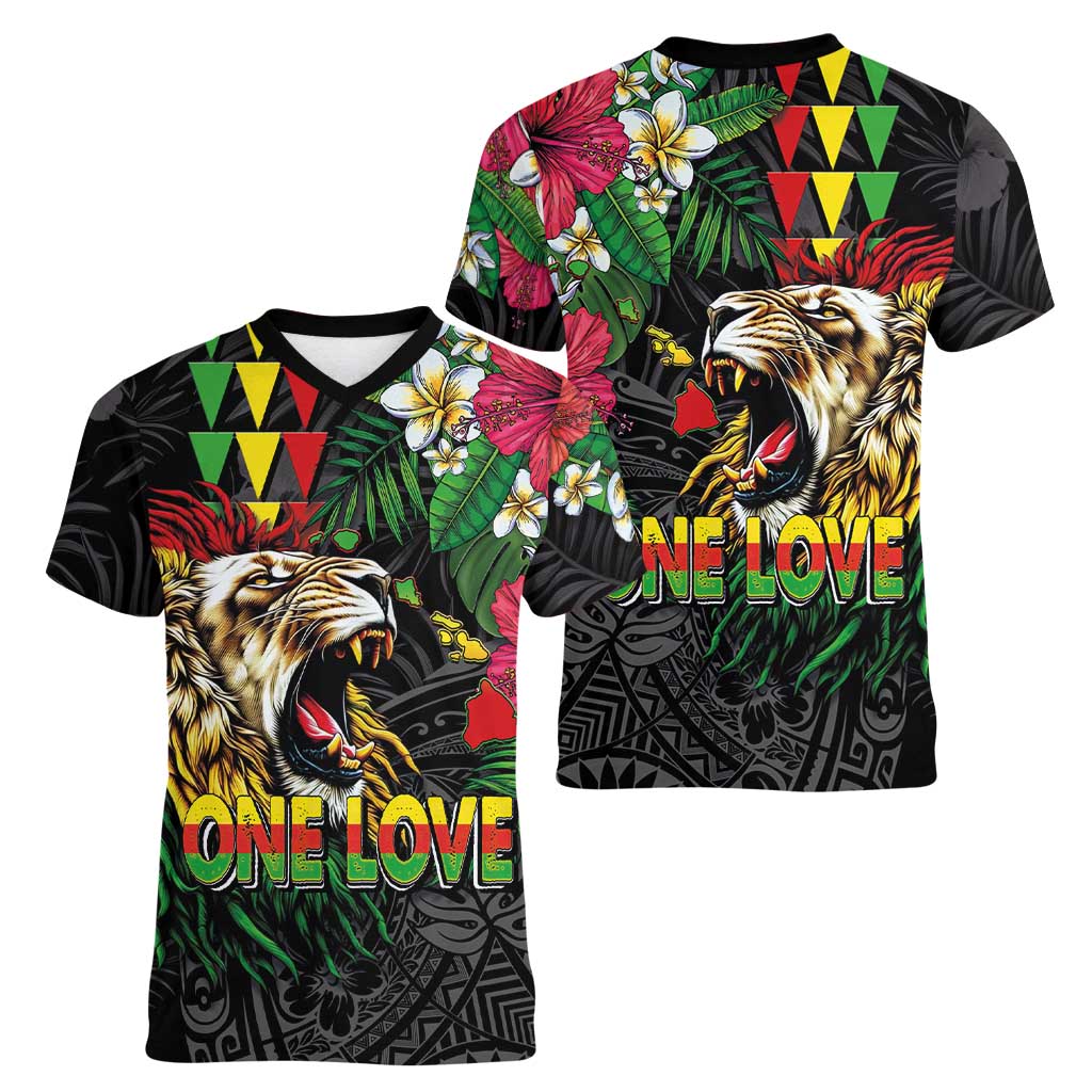 Hawaiian One Love Women V-Neck T-Shirt Reggae Lion Tropical Plants and Kakau with Tribal Pattern LT03 - Polynesian Pride
