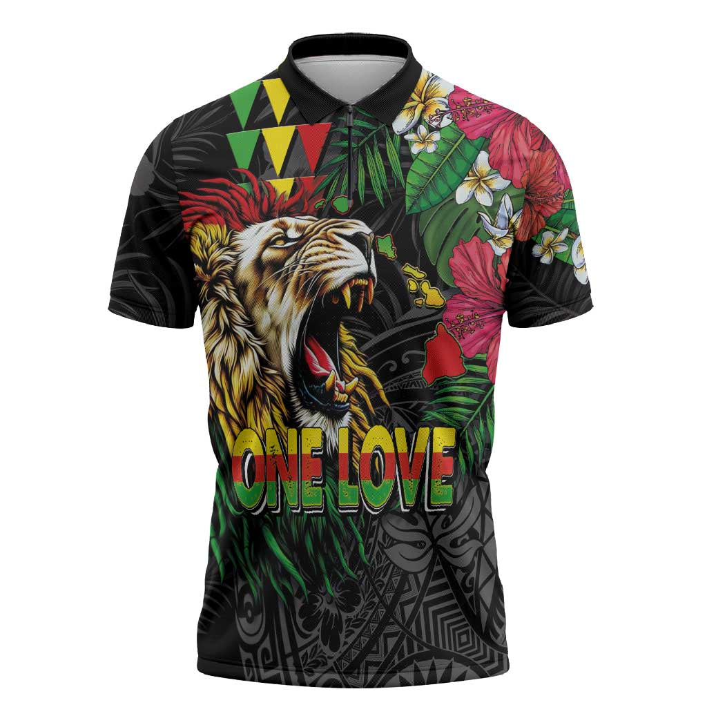 Hawaiian One Love Zipper Polo Shirt Reggae Lion Tropical Plants and Kakau with Tribal Pattern LT03 Black - Polynesian Pride