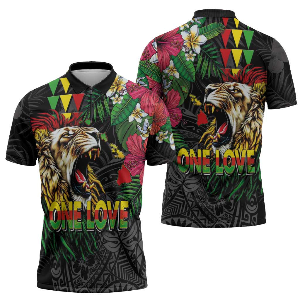Hawaiian One Love Zipper Polo Shirt Reggae Lion Tropical Plants and Kakau with Tribal Pattern LT03 - Polynesian Pride