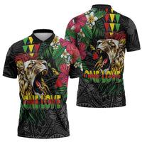 Hawaiian One Love Zipper Polo Shirt Reggae Lion Tropical Plants and Kakau with Tribal Pattern LT03 - Polynesian Pride