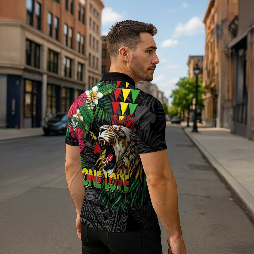 Hawaiian One Love Zipper Polo Shirt Reggae Lion Tropical Plants and Kakau with Tribal Pattern LT03 - Polynesian Pride