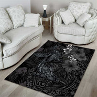 Hawaiian Tropical Plants and Tribal Whales Area Rug Polynesian Art Tattoo Grayscale
