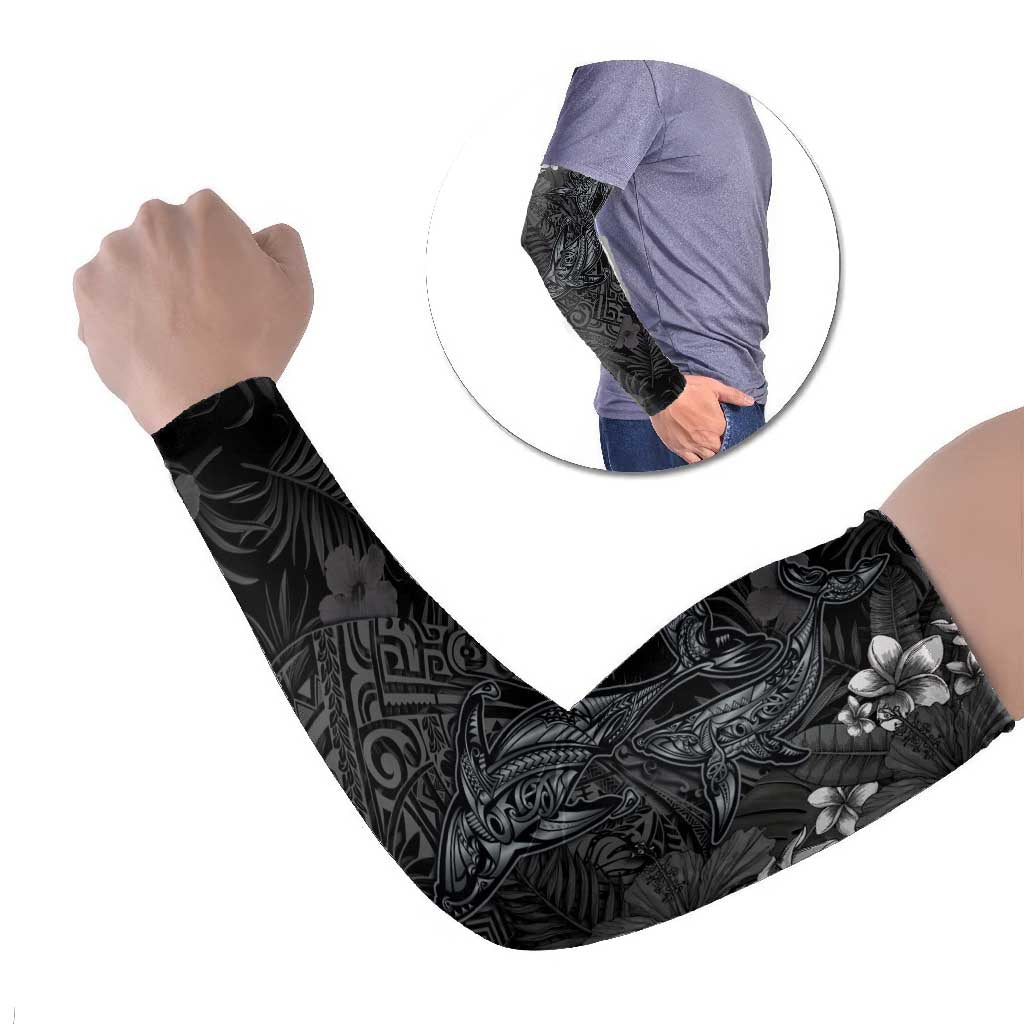 Hawaiian Tropical Plants and Tribal Whales Arm Sleeves Polynesian Art Tattoo Grayscale