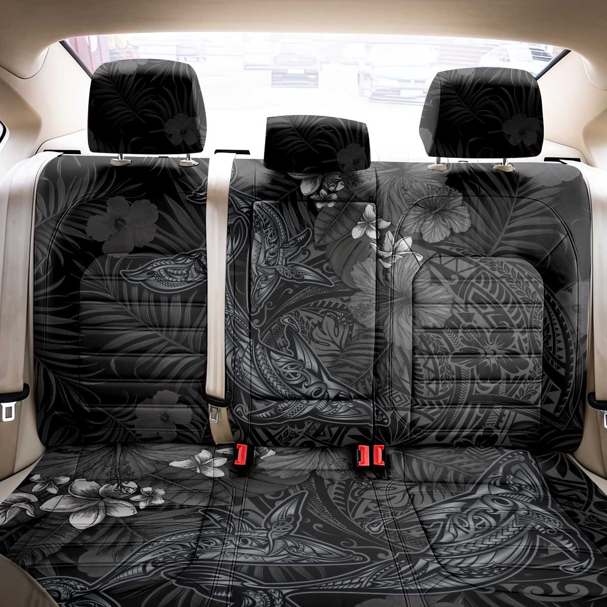 Hawaiian Tropical Plants and Tribal Whales Back Car Seat Cover Polynesian Art Tattoo Grayscale LT03 - Polynesian Pride