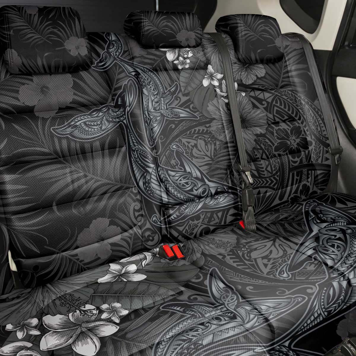 Hawaiian Tropical Plants and Tribal Whales Back Car Seat Cover Polynesian Art Tattoo Grayscale LT03 - Polynesian Pride
