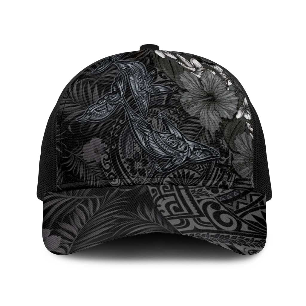 Hawaiian Tropical Plants and Tribal Whales Baseball Net Cap Polynesian Art Tattoo Grayscale