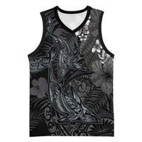 Hawaiian Tropical Plants and Tribal Whales Basketball Jersey Polynesian Art Tattoo Grayscale LT03 Unisex Black - Polynesian Pride