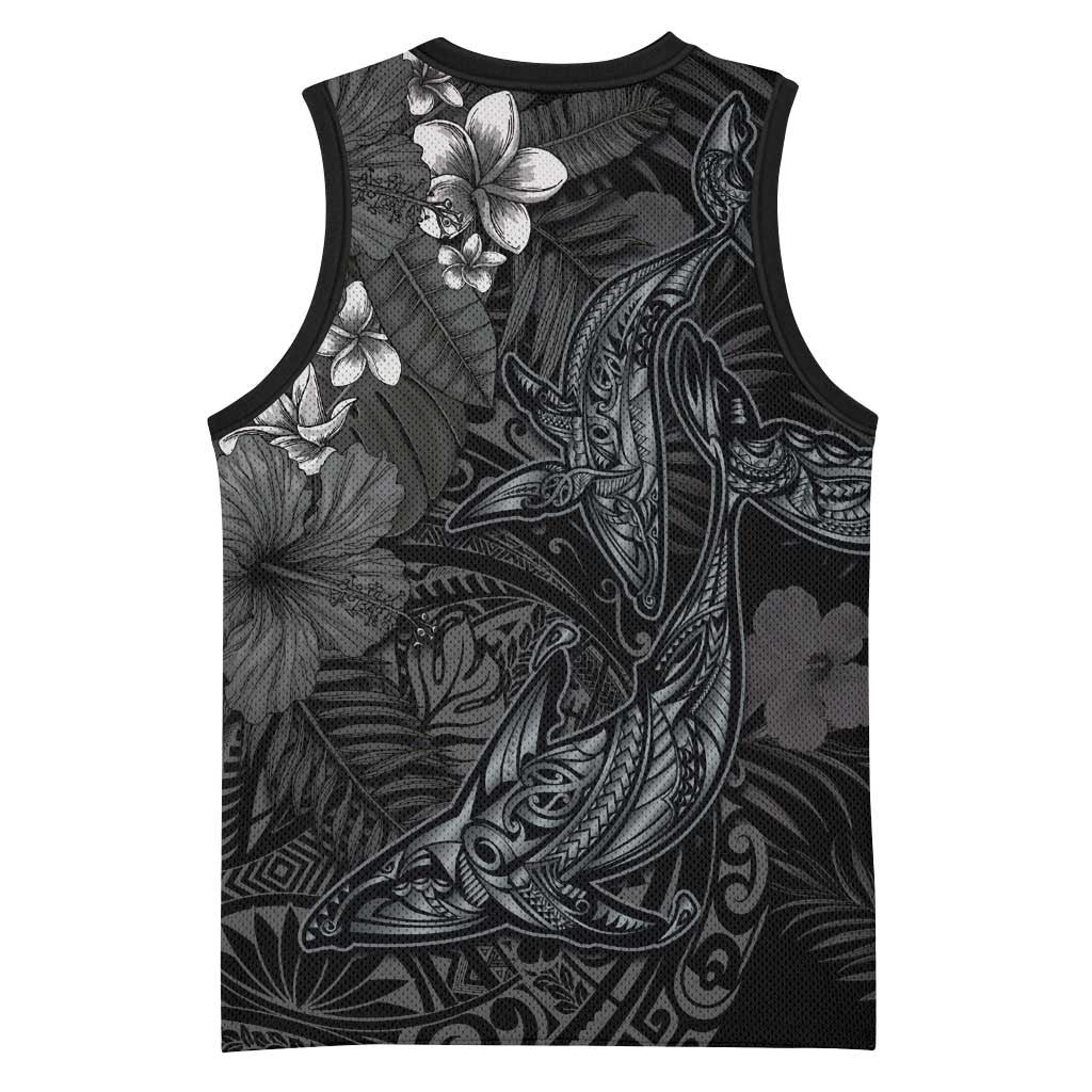 Hawaiian Tropical Plants and Tribal Whales Basketball Jersey Polynesian Art Tattoo Grayscale LT03 - Polynesian Pride