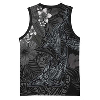 Hawaiian Tropical Plants and Tribal Whales Basketball Jersey Polynesian Art Tattoo Grayscale LT03 - Polynesian Pride