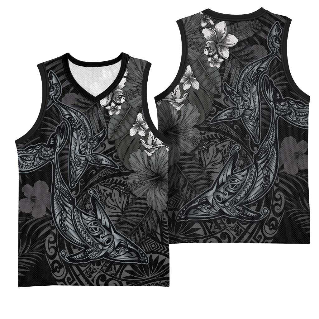 Hawaiian Tropical Plants and Tribal Whales Basketball Jersey Polynesian Art Tattoo Grayscale LT03 - Polynesian Pride
