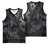 Hawaiian Tropical Plants and Tribal Whales Basketball Jersey Polynesian Art Tattoo Grayscale LT03 - Polynesian Pride