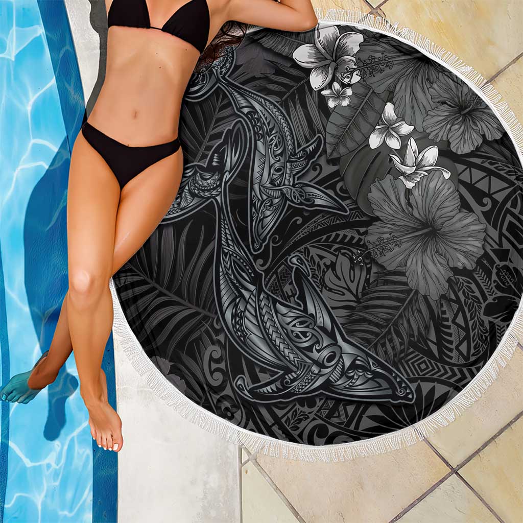 Hawaiian Tropical Plants and Tribal Whales Beach Blanket Polynesian Art Tattoo Grayscale