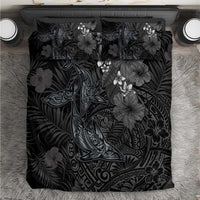 Hawaiian Tropical Plants and Tribal Whales Bedding Set Polynesian Art Tattoo Grayscale