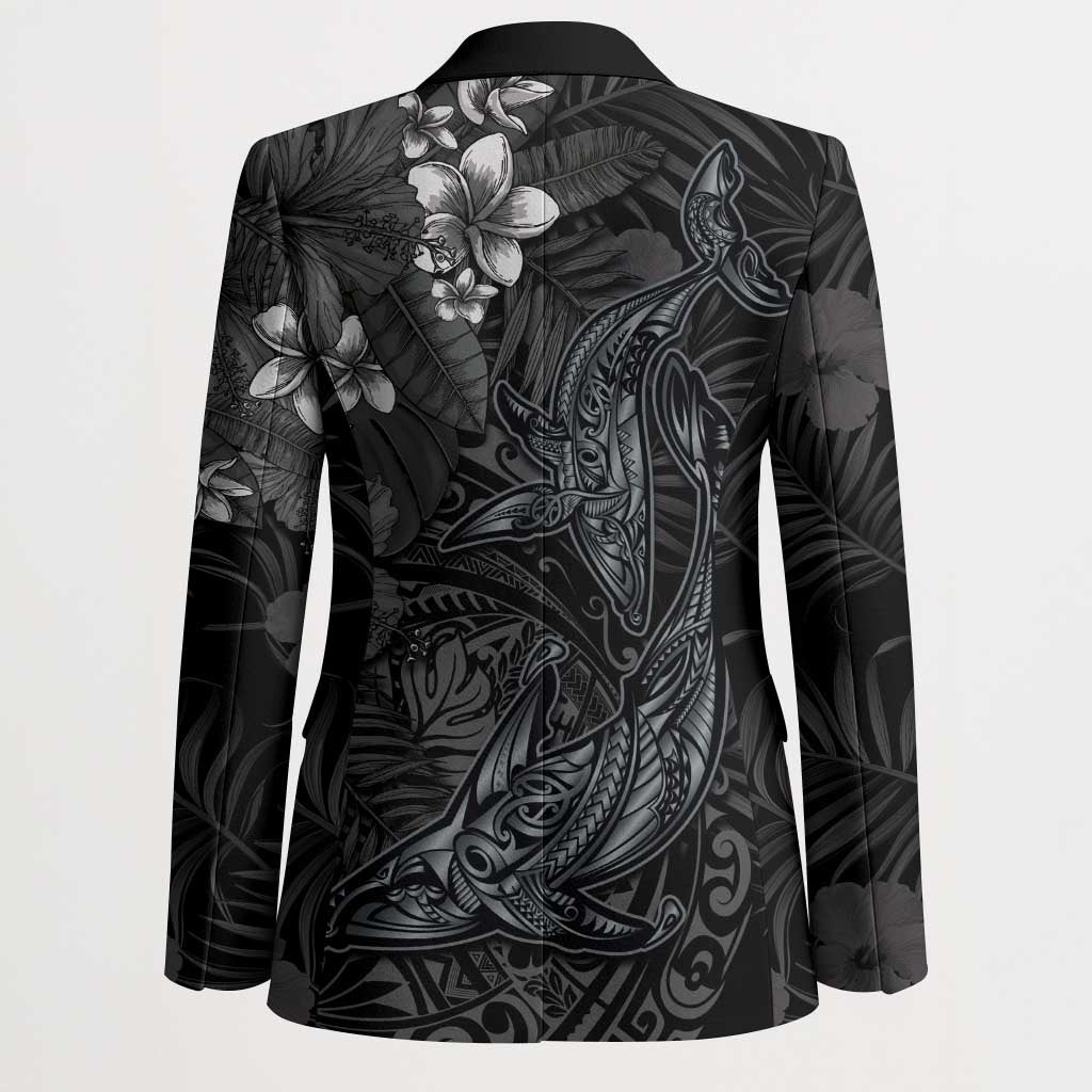 Hawaiian Tropical Plants and Tribal Whales Blazer Polynesian Art Tattoo Grayscale