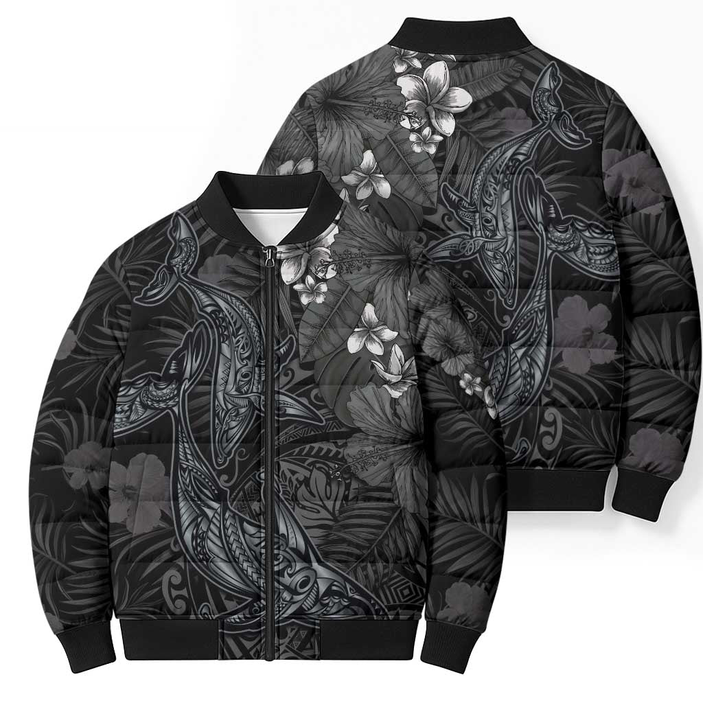 Hawaiian Tropical Plants and Tribal Whales Bomber Puffer Jacket Polynesian Art Tattoo Grayscale