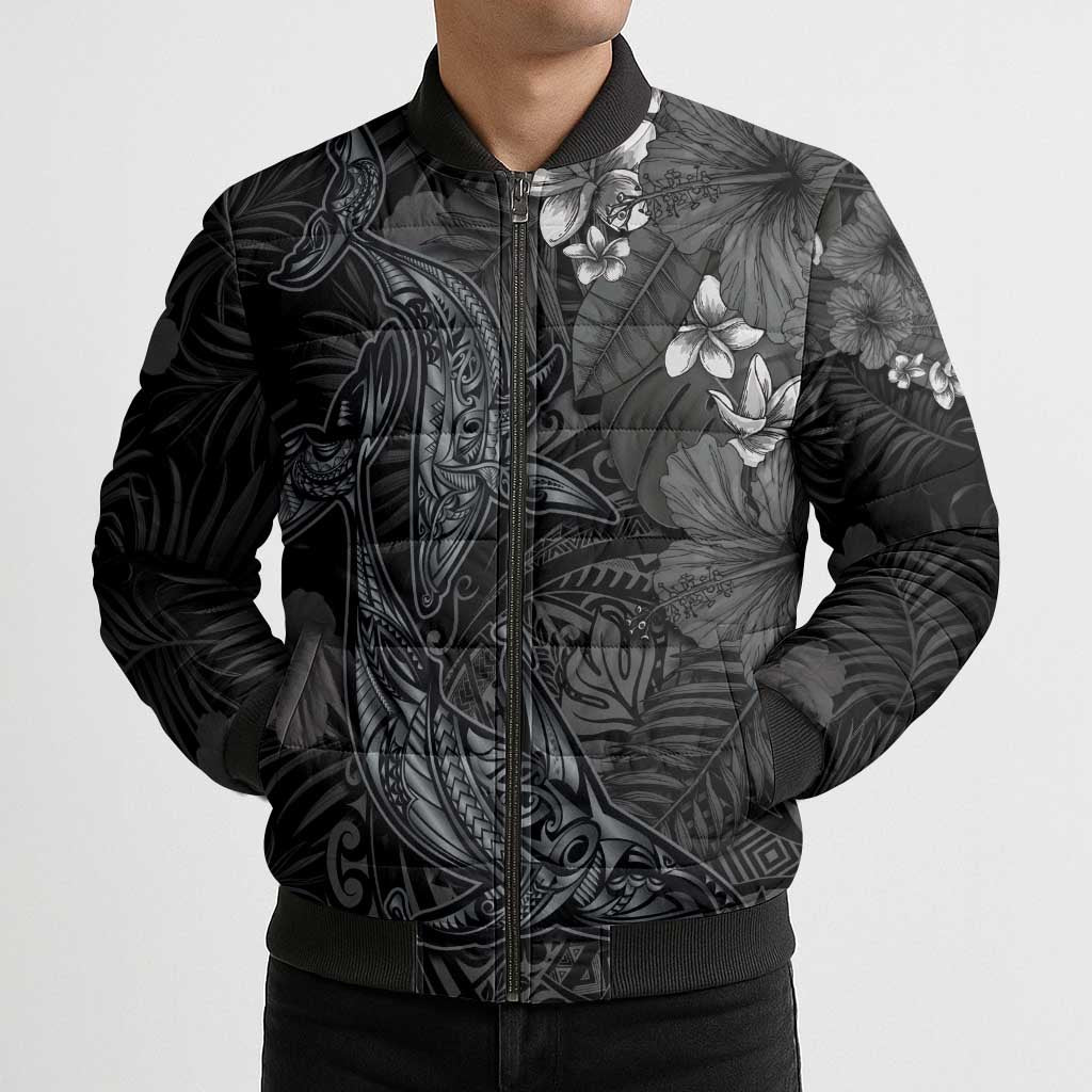 Hawaiian Tropical Plants and Tribal Whales Bomber Puffer Jacket Polynesian Art Tattoo Grayscale