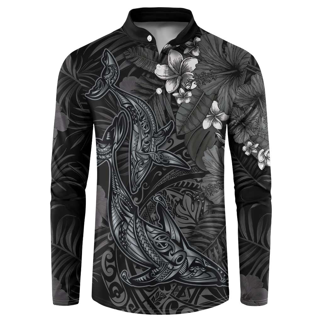 Hawaiian Tropical Plants and Tribal Whales Button Sweatshirt Polynesian Art Tattoo Grayscale