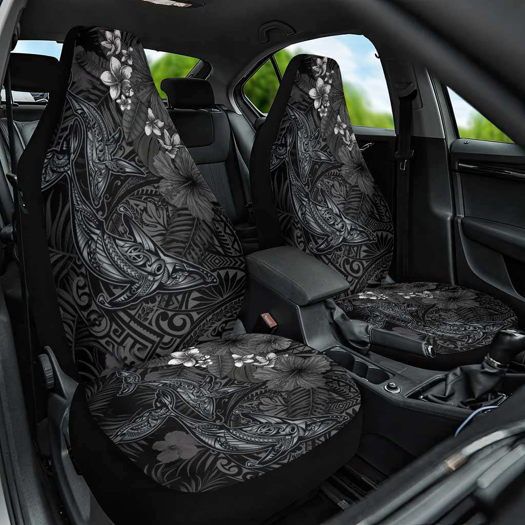 Hawaiian Tropical Plants and Tribal Whales Car Seat Cover Polynesian Art Tattoo Grayscale