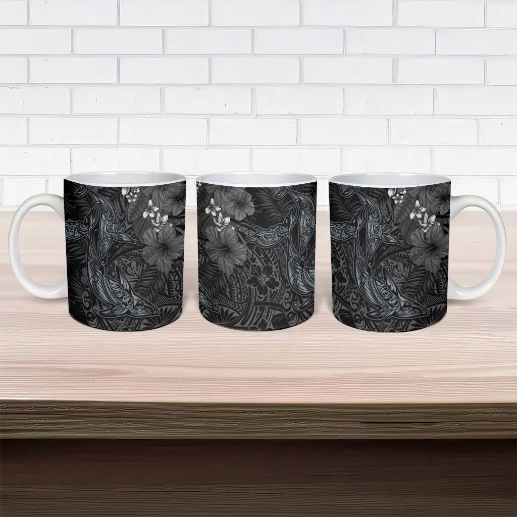 Hawaiian Tropical Plants and Tribal Whales Ceramic Mug Polynesian Art Tattoo Grayscale