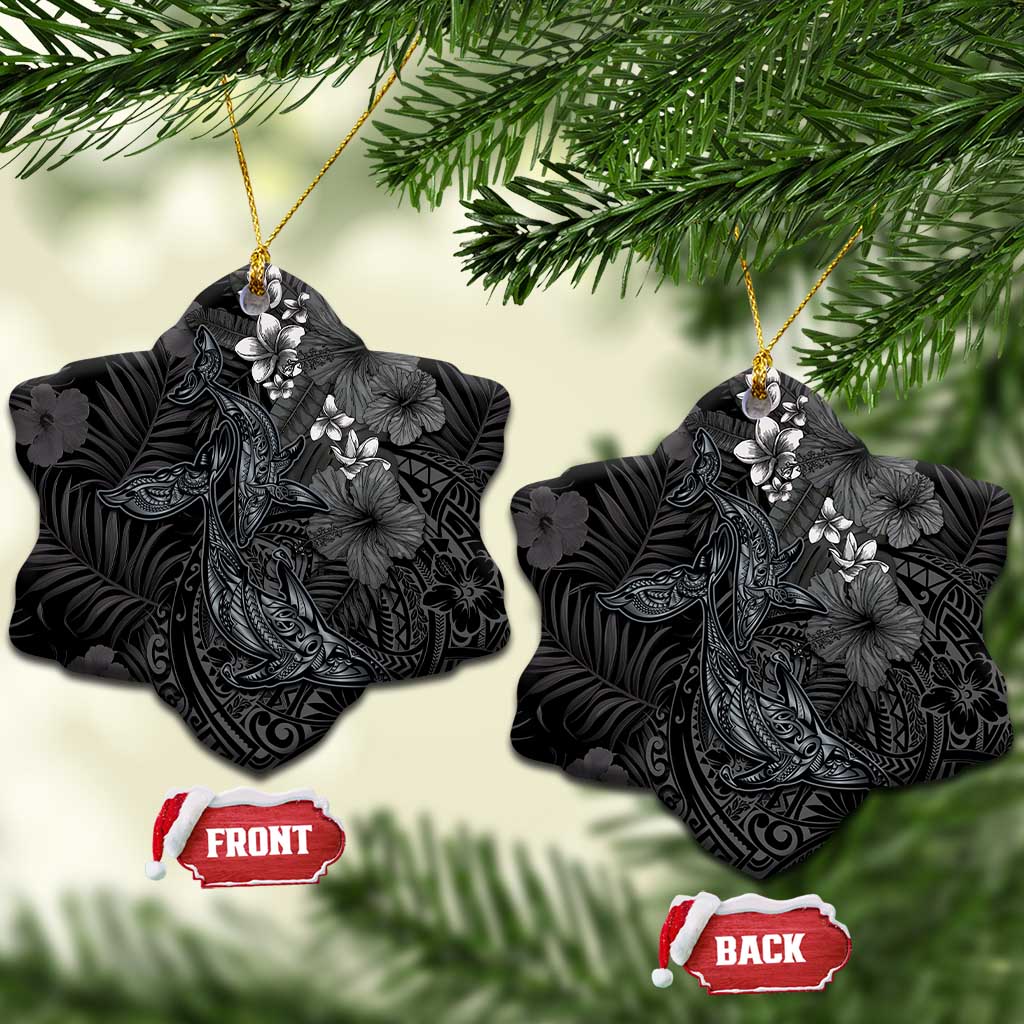 Hawaiian Tropical Plants and Tribal Whales Ceramic Ornament Polynesian Art Tattoo Grayscale