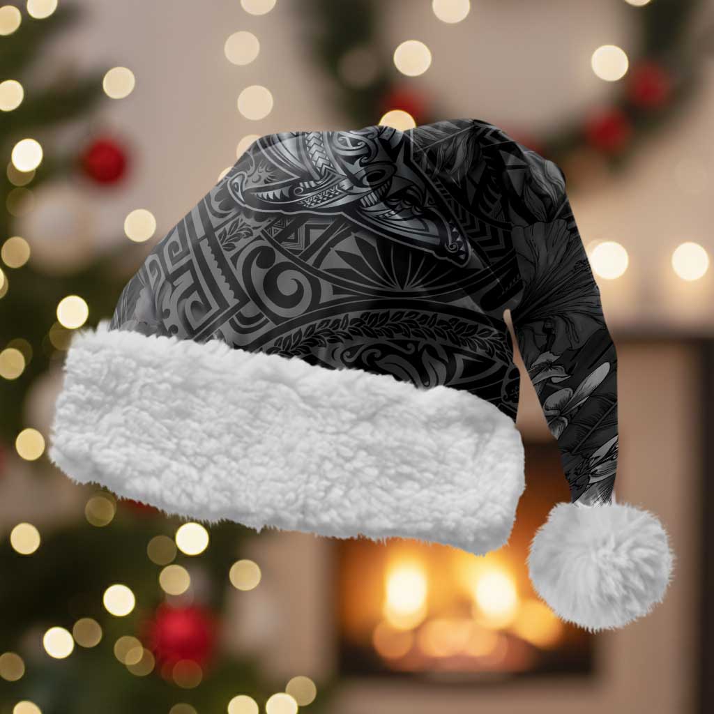 Hawaiian Tropical Plants and Tribal Whales Christmas Santa Hat Polynesian Art Tattoo Grayscale LT03 With Fur Black - Polynesian Pride