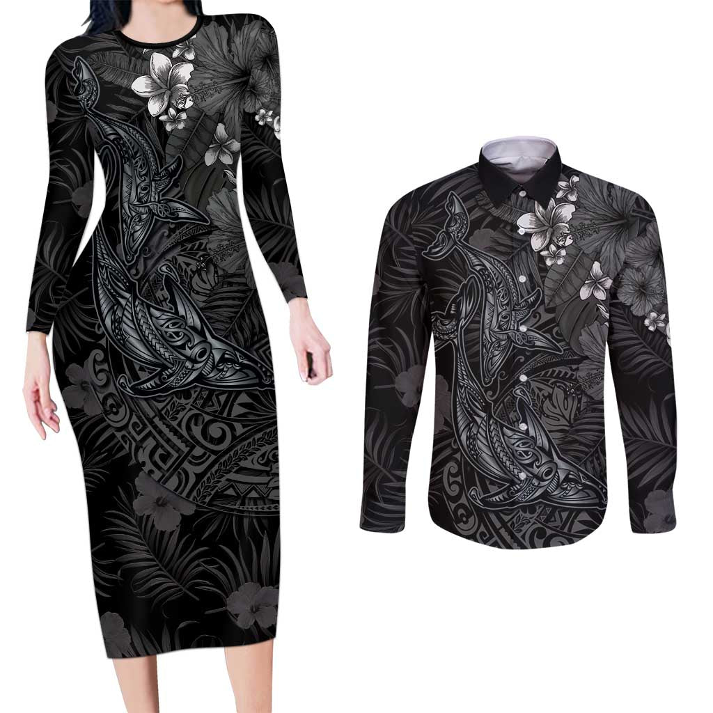 Hawaiian Tropical Plants and Tribal Whales Couples Matching Long Sleeve Bodycon Dress and Long Sleeve Button Shirt Polynesian Art Tattoo Grayscale LT03 Black - Polynesian Pride