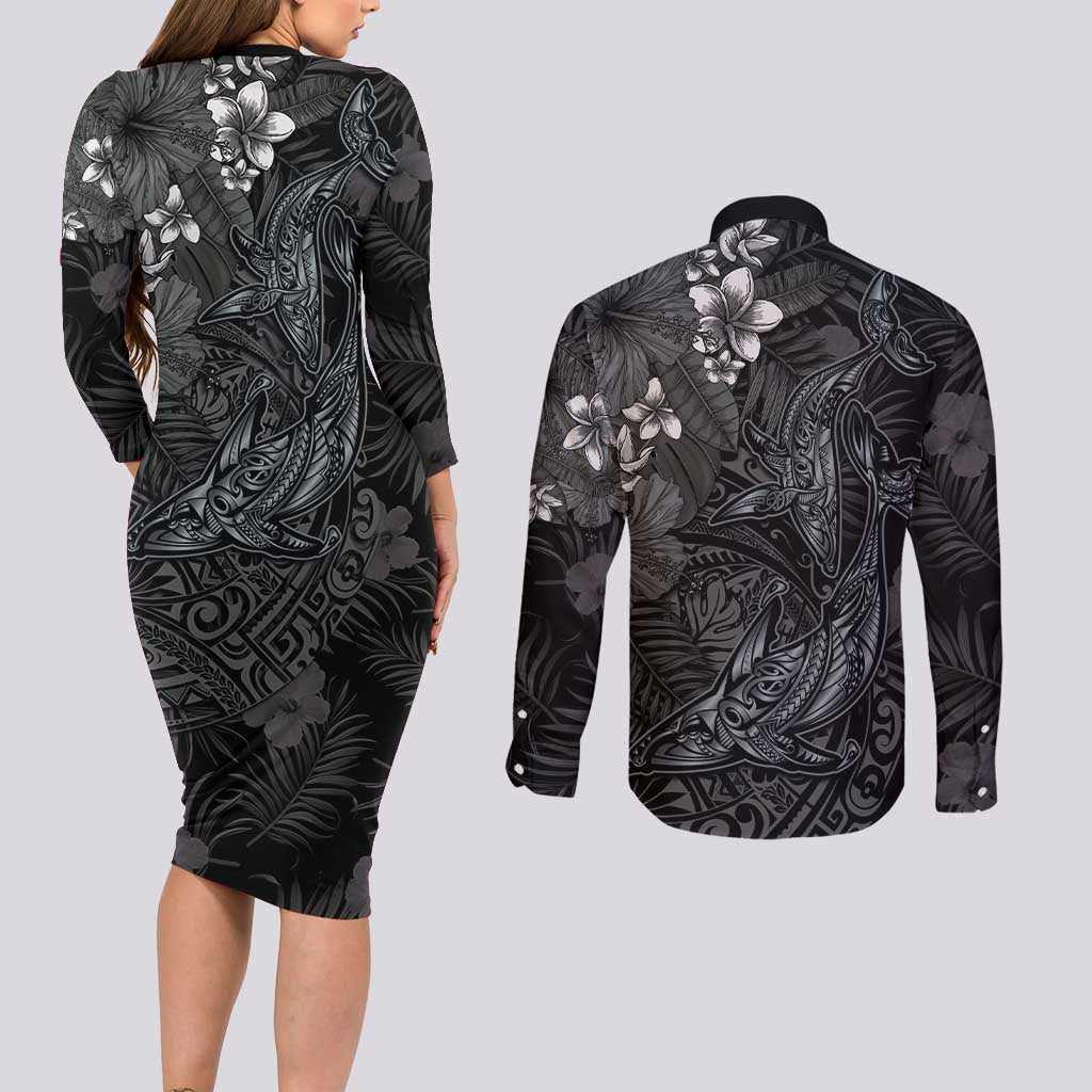 Hawaiian Tropical Plants and Tribal Whales Couples Matching Long Sleeve Bodycon Dress and Long Sleeve Button Shirt Polynesian Art Tattoo Grayscale LT03 - Polynesian Pride