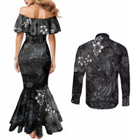 Hawaiian Tropical Plants and Tribal Whales Couples Matching Mermaid Dress and Long Sleeve Button Shirt Polynesian Art Tattoo Grayscale LT03 - Polynesian Pride
