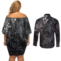 Hawaiian Tropical Plants and Tribal Whales Couples Matching Off Shoulder Short Dress and Long Sleeve Button Shirt Polynesian Art Tattoo Grayscale LT03 - Polynesian Pride