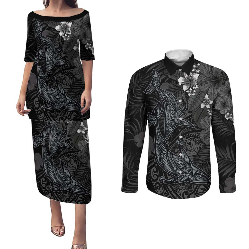 Hawaiian Tropical Plants and Tribal Whales Couples Matching Puletasi and Long Sleeve Button Shirt Polynesian Art Tattoo Grayscale LT03 Black - Polynesian Pride