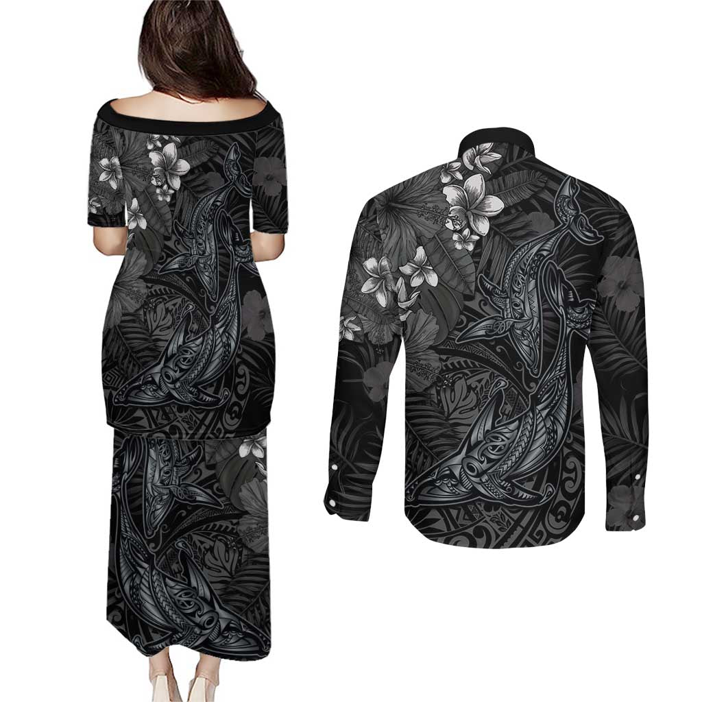Hawaiian Tropical Plants and Tribal Whales Couples Matching Puletasi and Long Sleeve Button Shirt Polynesian Art Tattoo Grayscale LT03 - Polynesian Pride