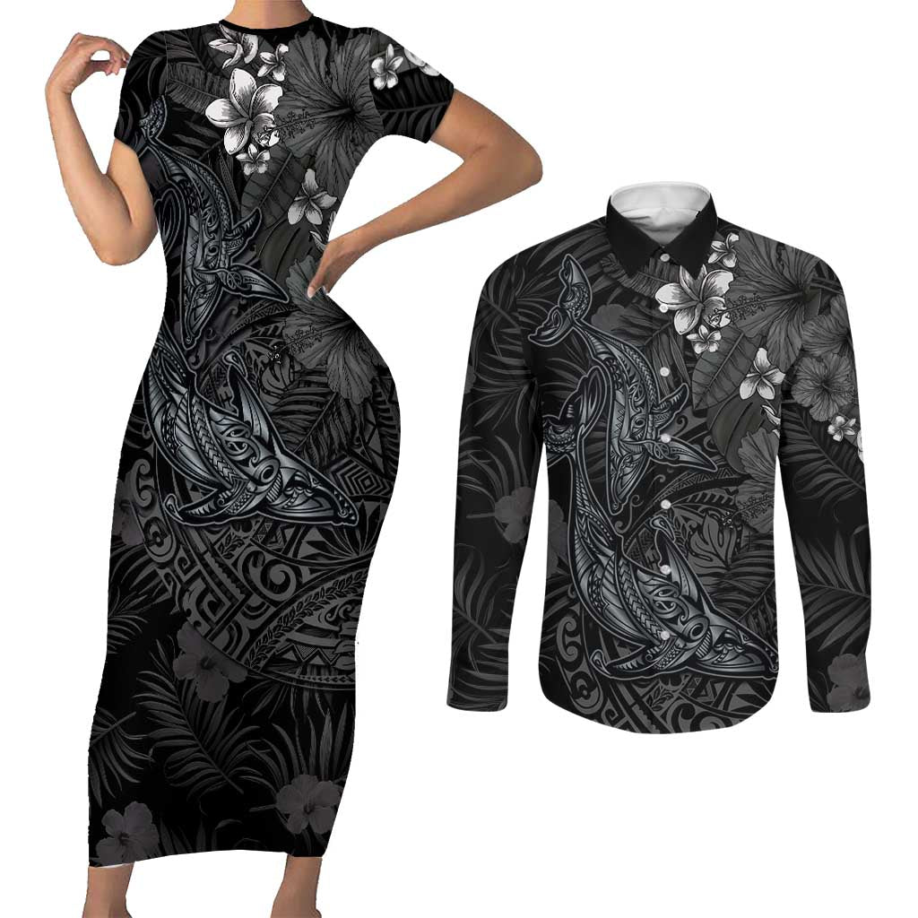 Hawaiian Tropical Plants and Tribal Whales Couples Matching Short Sleeve Bodycon Dress and Long Sleeve Button Shirt Polynesian Art Tattoo Grayscale LT03 Black - Polynesian Pride