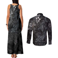 Hawaiian Tropical Plants and Tribal Whales Couples Matching Tank Maxi Dress and Long Sleeve Button Shirt Polynesian Art Tattoo Grayscale LT03 - Polynesian Pride