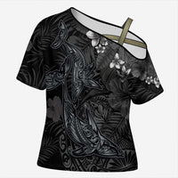 Hawaiian Tropical Plants and Tribal Whales Cross Shoulder Shirt Polynesian Art Tattoo Grayscale LT03 Female Black - Polynesian Pride