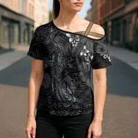 Hawaiian Tropical Plants and Tribal Whales Cross Shoulder Shirt Polynesian Art Tattoo Grayscale LT03 - Polynesian Pride
