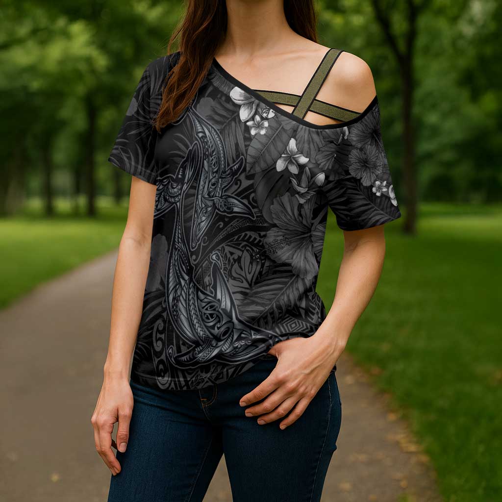 Hawaiian Tropical Plants and Tribal Whales Cross Shoulder Shirt Polynesian Art Tattoo Grayscale LT03 - Polynesian Pride