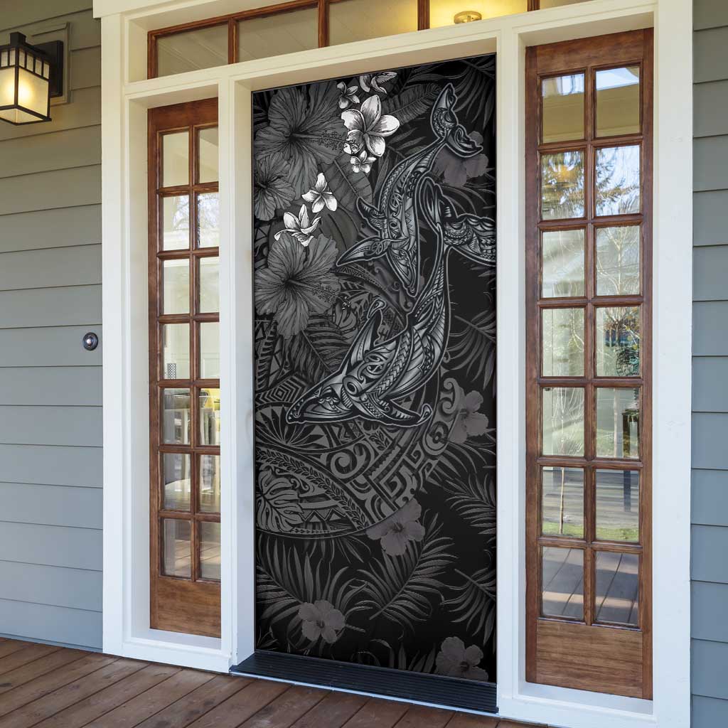 Hawaiian Tropical Plants and Tribal Whales Door Cover Polynesian Art Tattoo Grayscale LT03 - Polynesian Pride