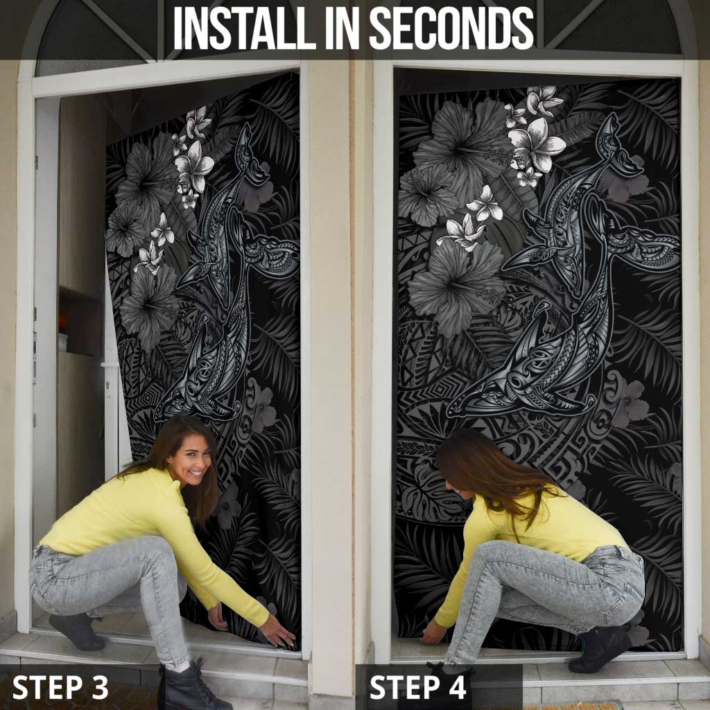 Hawaiian Tropical Plants and Tribal Whales Door Cover Polynesian Art Tattoo Grayscale LT03 - Polynesian Pride