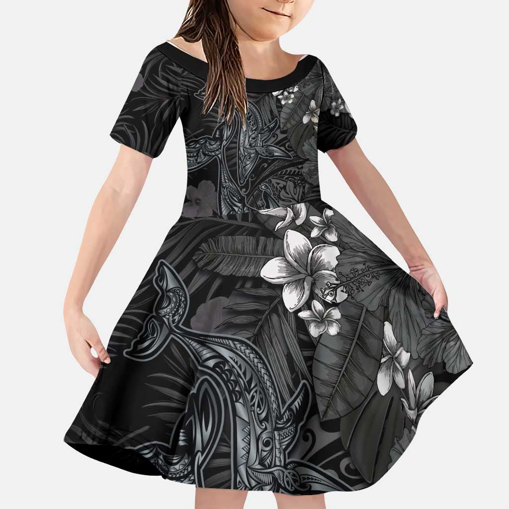 Hawaiian Tropical Plants and Tribal Whales Family Matching Long Sleeve Bodycon Dress and Hawaiian Shirt Polynesian Art Tattoo Grayscale LT03 Daughter's Dress Black - Polynesian Pride