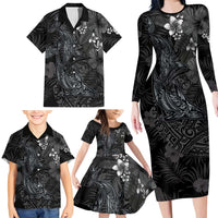 Hawaiian Tropical Plants and Tribal Whales Family Matching Long Sleeve Bodycon Dress and Hawaiian Shirt Polynesian Art Tattoo Grayscale LT03 - Polynesian Pride