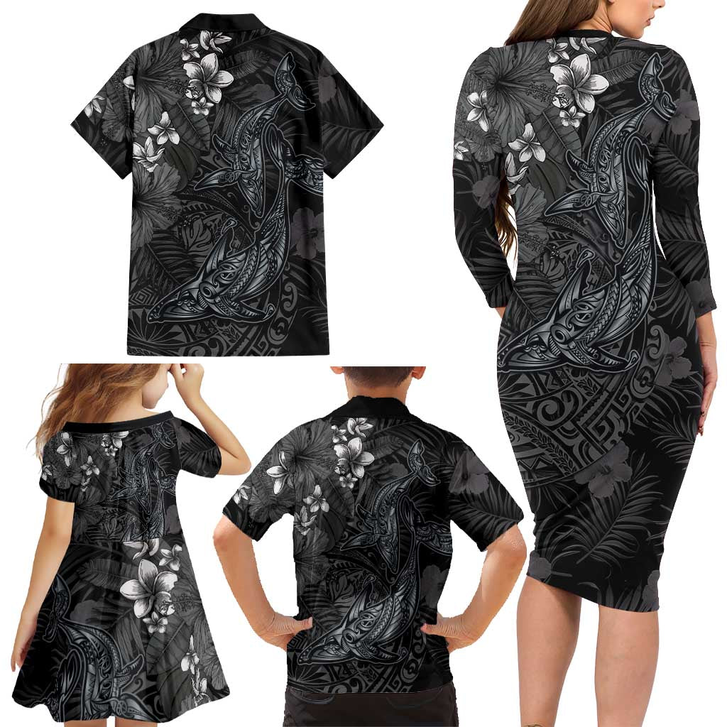Hawaiian Tropical Plants and Tribal Whales Family Matching Long Sleeve Bodycon Dress and Hawaiian Shirt Polynesian Art Tattoo Grayscale LT03 - Polynesian Pride
