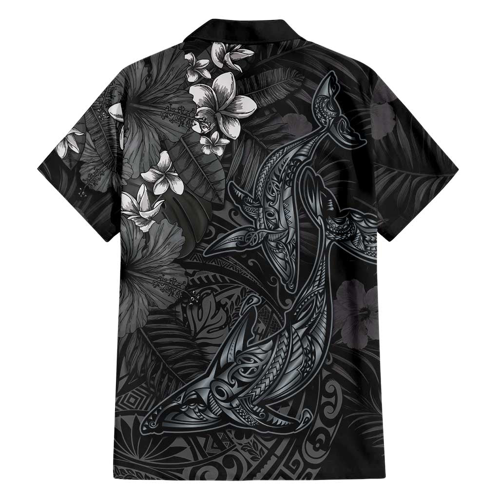 Hawaiian Tropical Plants and Tribal Whales Family Matching Long Sleeve Bodycon Dress and Hawaiian Shirt Polynesian Art Tattoo Grayscale LT03 - Polynesian Pride