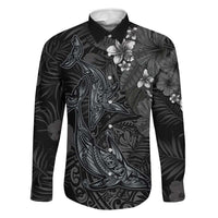 Hawaiian Tropical Plants and Tribal Whales Family Matching Long Sleeve Bodycon Dress and Hawaiian Shirt Polynesian Art Tattoo Grayscale LT03 Dad's Shirt - Long Sleeve Black - Polynesian Pride
