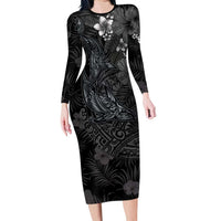 Hawaiian Tropical Plants and Tribal Whales Family Matching Long Sleeve Bodycon Dress and Hawaiian Shirt Polynesian Art Tattoo Grayscale LT03 Mom's Dress Black - Polynesian Pride