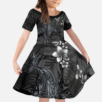 Hawaiian Tropical Plants and Tribal Whales Family Matching Mermaid Dress and Hawaiian Shirt Polynesian Art Tattoo Grayscale LT03 Daughter's Dress Black - Polynesian Pride