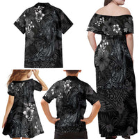 Hawaiian Tropical Plants and Tribal Whales Family Matching Off Shoulder Maxi Dress and Hawaiian Shirt Polynesian Art Tattoo Grayscale LT03 - Polynesian Pride