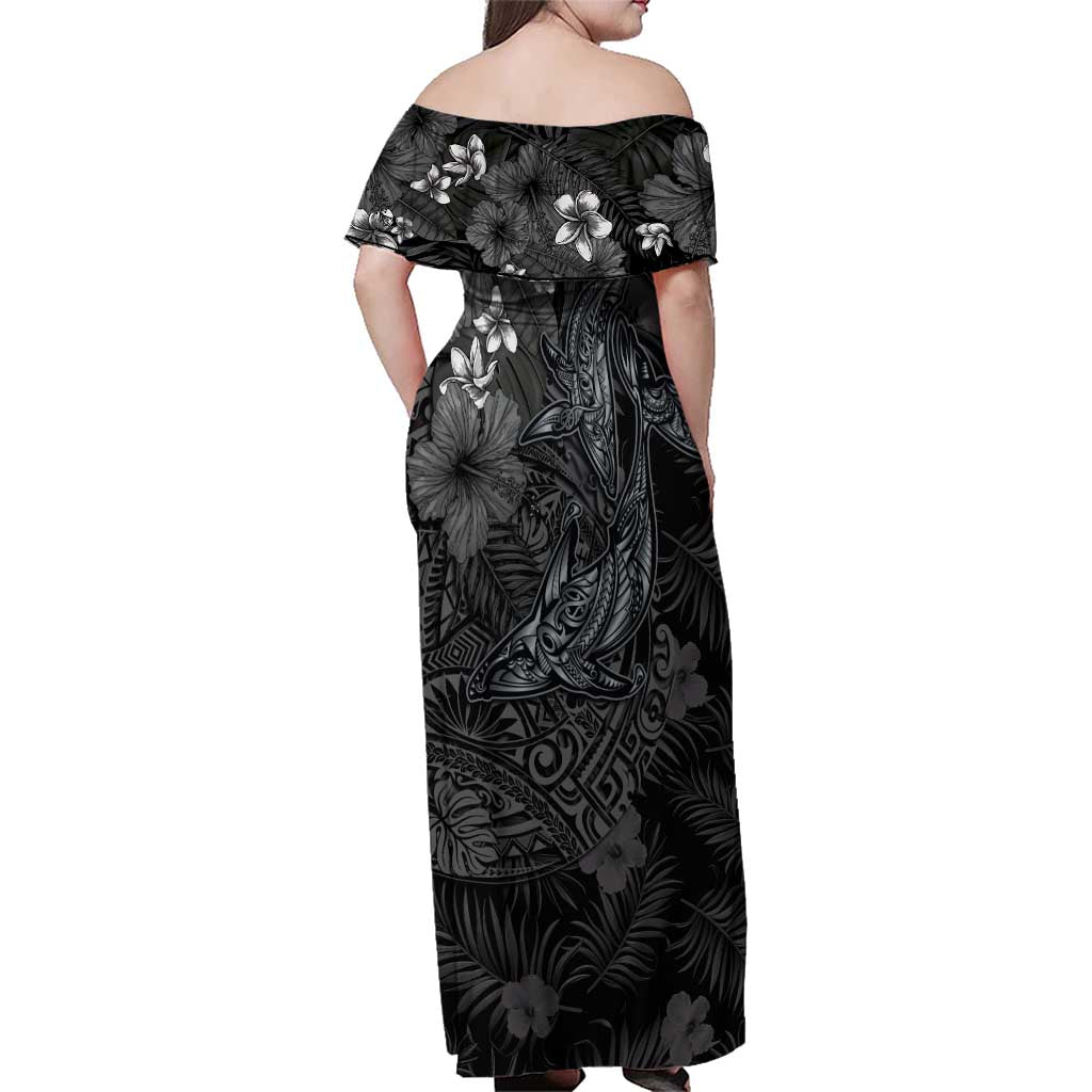 Hawaiian Tropical Plants and Tribal Whales Family Matching Off Shoulder Maxi Dress and Hawaiian Shirt Polynesian Art Tattoo Grayscale LT03 - Polynesian Pride