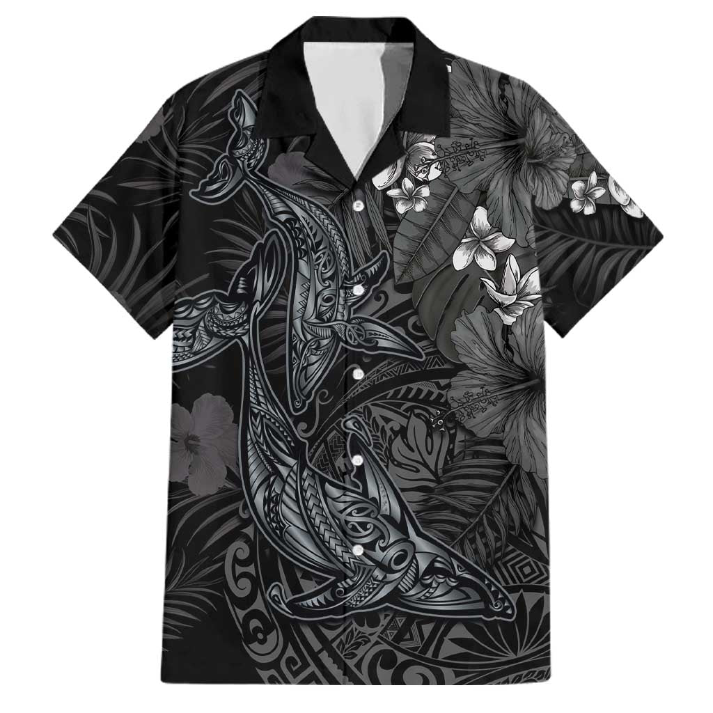 Hawaiian Tropical Plants and Tribal Whales Family Matching Off Shoulder Short Dress and Hawaiian Shirt Polynesian Art Tattoo Grayscale LT03 Dad's Shirt - Short Sleeve Black - Polynesian Pride