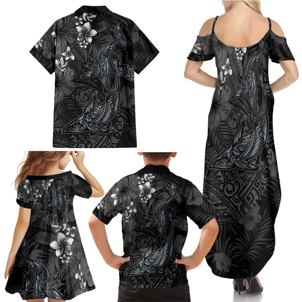 Hawaiian Tropical Plants and Tribal Whales Family Matching Summer Maxi Dress and Hawaiian Shirt Polynesian Art Tattoo Grayscale LT03 - Polynesian Pride