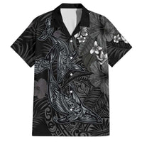 Hawaiian Tropical Plants and Tribal Whales Family Matching Summer Maxi Dress and Hawaiian Shirt Polynesian Art Tattoo Grayscale LT03 Dad's Shirt - Short Sleeve Black - Polynesian Pride